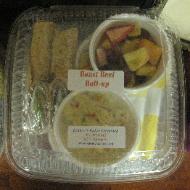 Roast Beef Roll-up, Fresh Fruit Salad, Potato Salad, Cheesecake Cupcake