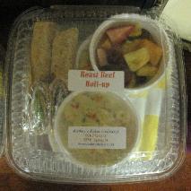 Roast Beef Roll-up, Fresh Fruit Salad, Potato Salad, Cheesecake Cupcake